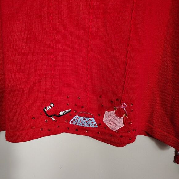 Vtg Berek 2 Sweater Cardigan Red Embellished Purse Shoes Sequins Artsy Size XL - Picture 7 of 13